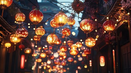 Traditional Chinese lanterns, adorned with intricate patterns and vibrant colors, hang in the dimly lit streets of an ancient city during the Lunar New Year celebration