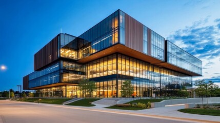 Fototapeta premium Sleek facade of modern glass office architecture reflecting the sky, with clean lines and minimalist design elements, showcasing a contemporary urban office building in a vibrant city environment