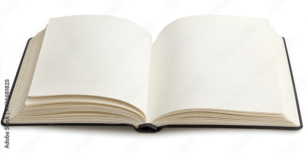 Poster open notebook featuring clear pages, isolated on a white background. this open notebook displays its
