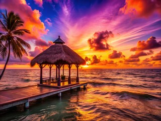 Fototapeta premium Sunset Silhouette of Gazebo Palapa on Idyllic Cancun Beach, Riviera Maya - Caribbean Paradise
