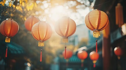 A red lantern hangs in the window. Outside is an ancient Chinese street with soft lighting and warm...