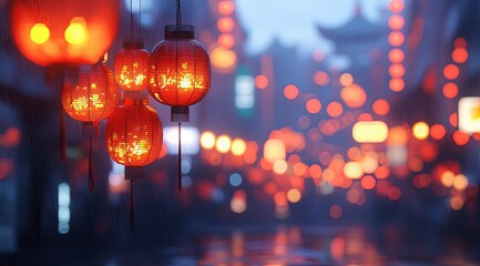 A red lantern hangs in the window. Outside is an ancient Chinese street with soft lighting and warm tones, creating a festive atmosphere