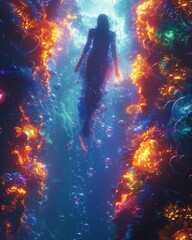 Enchanted Underwater Realm with a Silhouette of Swimming Figure Surrounded by Luminescent Coral Reefs in Vibrant Colors and Bubbles