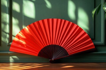 A red hand fan placed on a wooden surface against a green wall