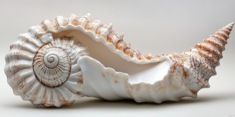 Obraz premium The shell exhibits a stunning beauty with its white and brown hues, showcasing the captivating patterns and textures that highlight the unique beauty of the shell.