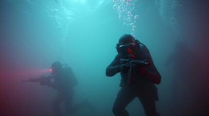 Front view of three special forces in black wet suits and Helmets Diving with Firearms underwater.