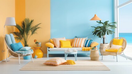 Colorful Coastal Living Room with Bright Accents and Modern Decor