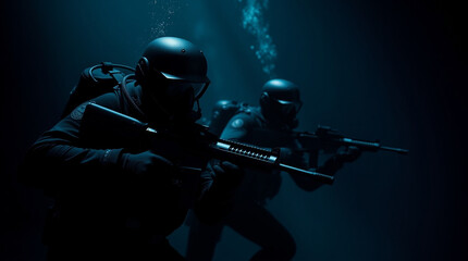 Front view of three special forces in black wet suits and Helmets Diving with Firearms underwater.
