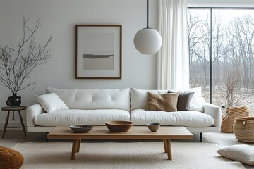 A modern living room interior with a minimalist, Scandinavian interior with sofa and cafe table and a japandi interior combination. Generative AI
