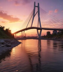 Obraz premium River flowing beneath cable stayed bridge with stunning sunset colors in the background , outdoor, architecture