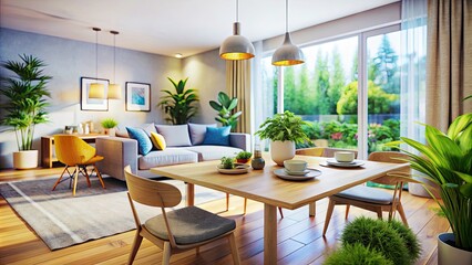 Tilt-Shift Vacation Rental Living Room - Modern Apartment Interior Design with Dining Table & Plants