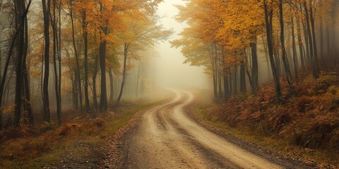Fototapeta premium The dirt road invites exploration, guiding your gaze into a mystical forest enveloped in thick fog during late autumn. Embrace the enchanting dirt road for a magical forest adventure.