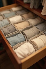 Neatly organized drawer of folded clothes, home organization