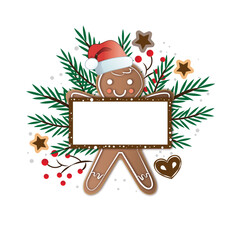 Gingerbread man look behind white billboard isolated over white color background - Vector illustration