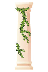 Ancient ivy covered column. Museum and exhibition. Cartoon greek or roman pillar with climbing ivy branches. Antique foliage decorated element. Cartoon flat vector isolated on white