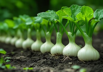 Young Onions Growing in Garden Soil