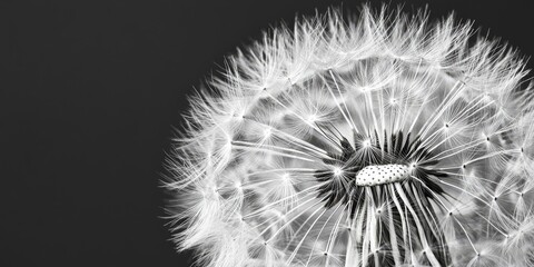 Close up of a dandelion flower showcasing its delicate seeds resembling umbrellas, captured in striking black and white. This dandelion image highlights the elegance of nature s design.