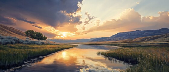 serene landscape with sunset reflections over calm water