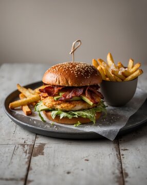Gourmet chicken sandwich with bacon and avocado on sesame seed bun with side of crispy fries on wooden table