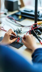 Close-up scenes of young engineers collaborating on electronic circuit boards in a modern lab, showcasing innovation, teamwork, and creativity in electrical engineering projects.