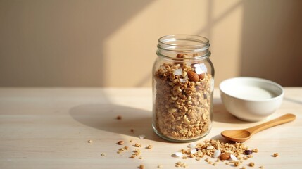 Homemade granola in glass jar with milk, healthy breakfast