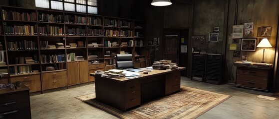 Obraz premium Cozy and Rustic Library with Wooden Bookshelves and Furniture