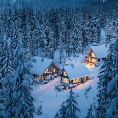Naklejka premium cozy winter cabins in a snowy forest