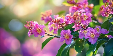 Fototapeta premium Purple pink Tabak flowers Lagerstroemia floribunda are blooming on branches amidst vibrant green leaves, creating a stunning visual with a blurred background highlighting these beautiful Tabak