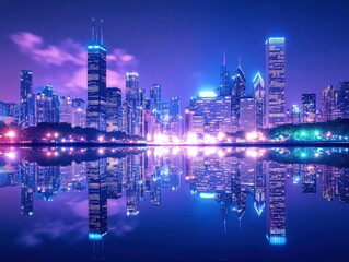 Fototapeta premium city skyline at night with reflections in water