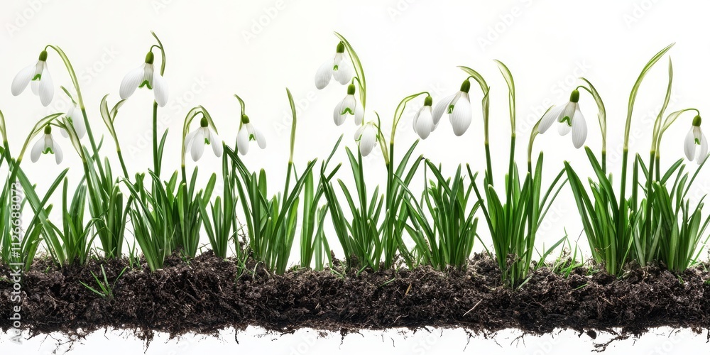 Poster spring snowdrops displayed in isolation against a white background, featuring grass and soil element