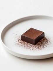 A square piece of chocolate dusted with cocoa powder on a minimalist plate.