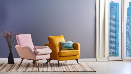 Colorful Armchair in Modern Luxury Style A Stunning Addition to an Empty Wall Living Room Interior Design, Showcasing Elegant Aesthetics and Contemporary Comfort