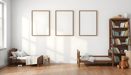 scandinavian children room, three blank wooden frames on white wall, wooden floor, dark wooden furniture, bed, table, bookshelf, teddy bear, cozy design