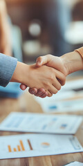 Aperto de mão nos negócios sobre uma mesa com documentos