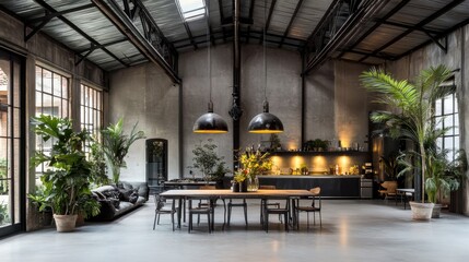 Fototapeta premium Cozy and Contemporary Industrial Loft Dining Room with Greenery