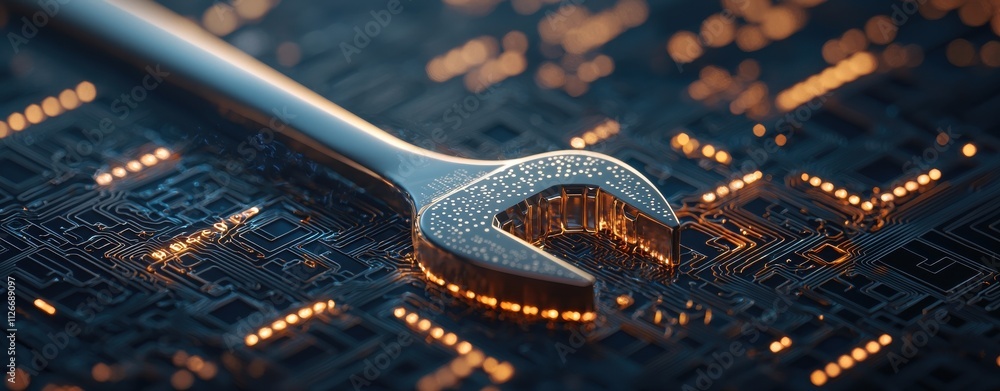 Poster a metallic wrench rests on a glowing circuit board, symbolizing the integration of technology and to