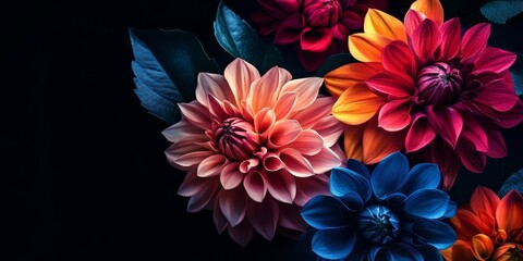 Vibrant flowers elegantly displayed on a dark background, showcasing the beauty of flowers in a striking contrast that highlights their unique colors and details against the black backdrop.