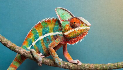 Vibrant Colorful Chameleon on a Bright Blue Background A Stunning Display of Natures Artistry, Showcasing the Unique Adaptability and Beauty of This Fascinating Reptile in Its Natural Habitat