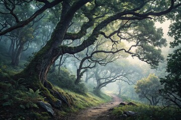 Watercolor painting of a dark forest scene with twisted tree branches and foliage, artistic expression, liquid black ink