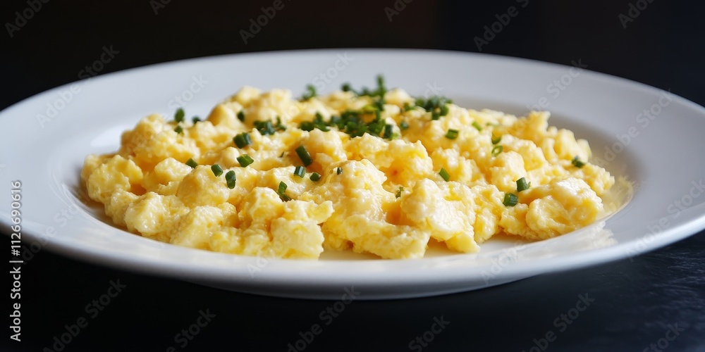 Poster scrambled eggs served on a white plate create a delightful visual contrast against a black backgroun