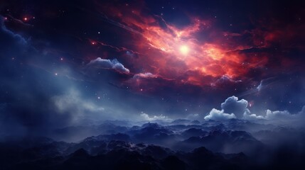 Fototapeta premium Alien Landscape with Red Nebula and Distant Mountains