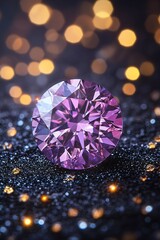 Fototapeta premium Sapphire or purple diamond shining on dark blurred background. Magic gemstone, crystal mineral, stone for jewelry, treasure. Making jewelry concept. Backdrop for design banner, poster