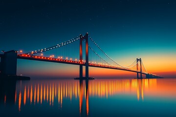 Fototapeta premium Suspension bridge illuminated at night reflecting in water at sunset