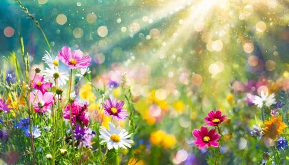 Enchanting Colorful Flower Meadow Bathed in Sunbeams and Bokeh Lights A Captivating Summer Nature Background Banner for Your Creative Projects