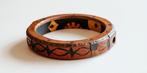 Tambourine resting on a pristine white background, showcasing its vibrant design and texture, perfect for capturing the essence of music and rhythm with this tambourine.