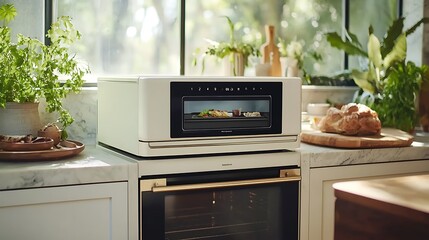 Modern countertop oven baking food in bright kitchen.