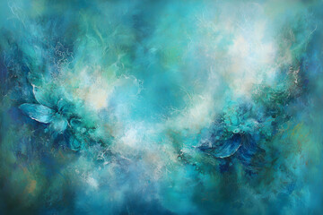 Serene abstract artwork featuring ethereal teal and turquoise hues, suggesting underwater flora or a tranquil dreamscape.