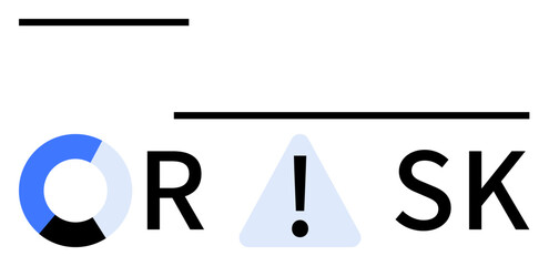 Circular graph, exclamation mark inside triangle, and letters forming ORISK. Ideal for business risk management, caution, decision making, data analysis, finance safety protocols compliance. Line