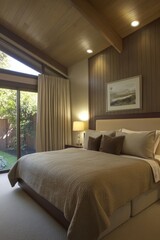 Fototapeta premium Cozy Cabin Bedroom with Wooden Paneled Walls and Large Window