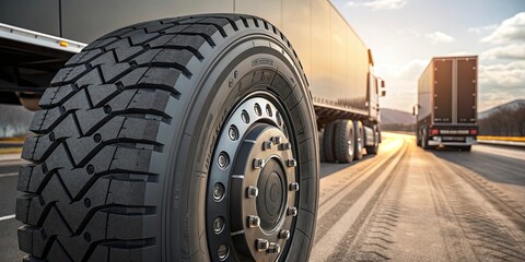 A large truck with a black tire is on a road